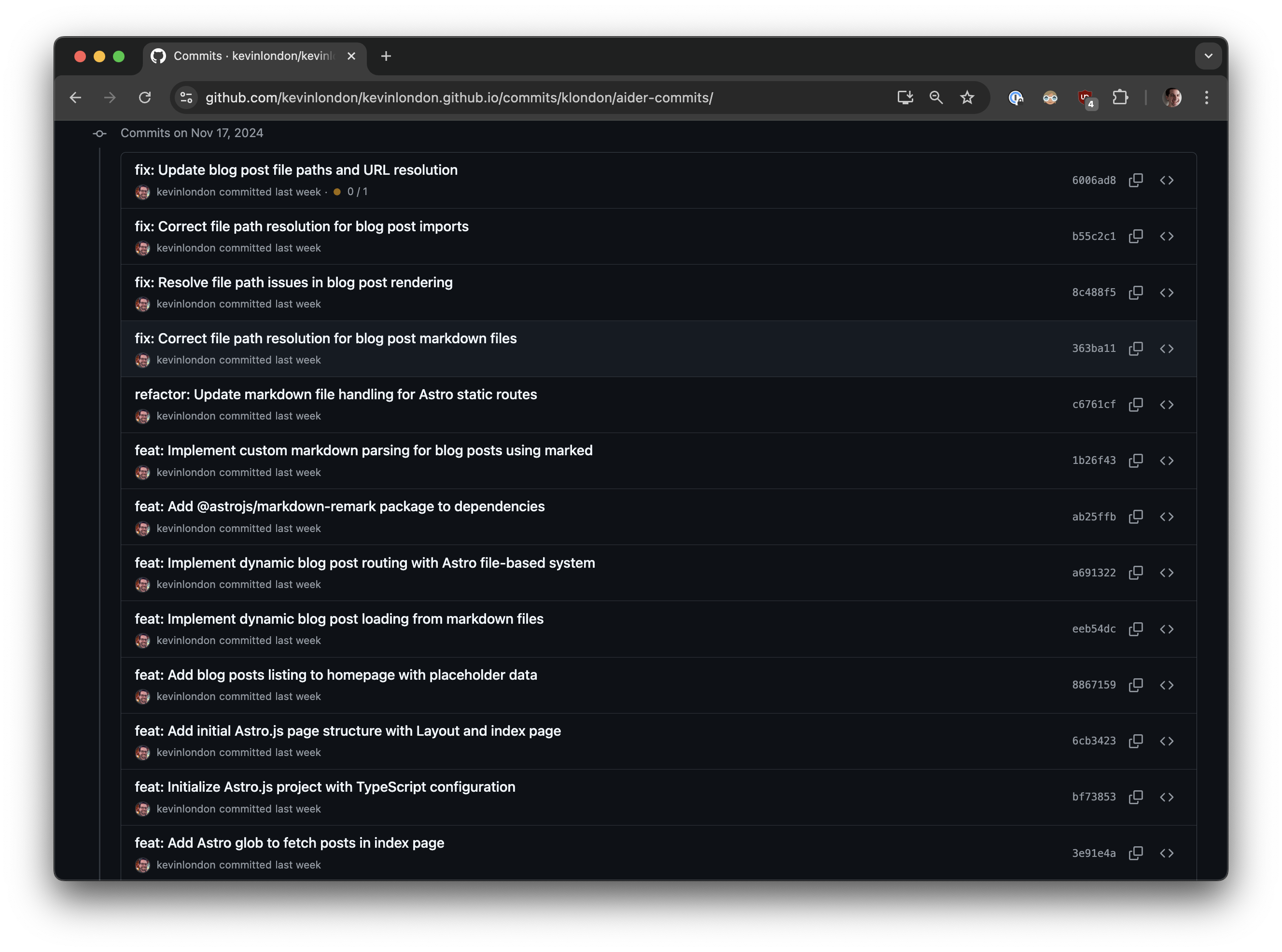 Aider commit history