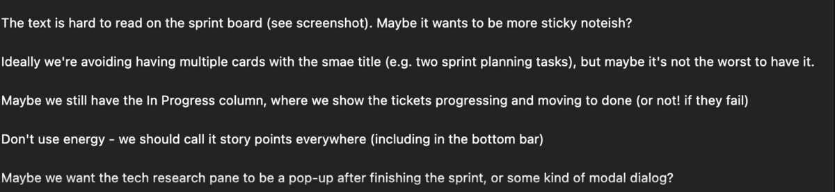 Game development prompt with multiple feedback points